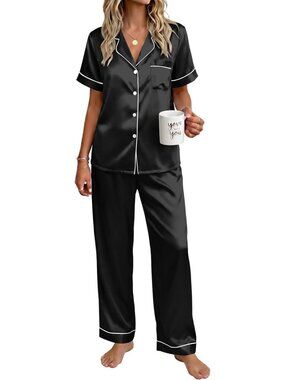 Women's Black Polyester Short Sleeve Button Down Loungewear Satin Pajama Set